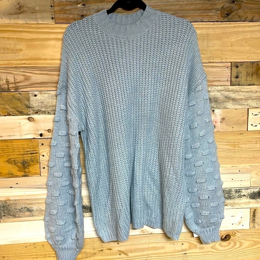 size large gray mock neck swedish dot balloon sleeve thick sweater